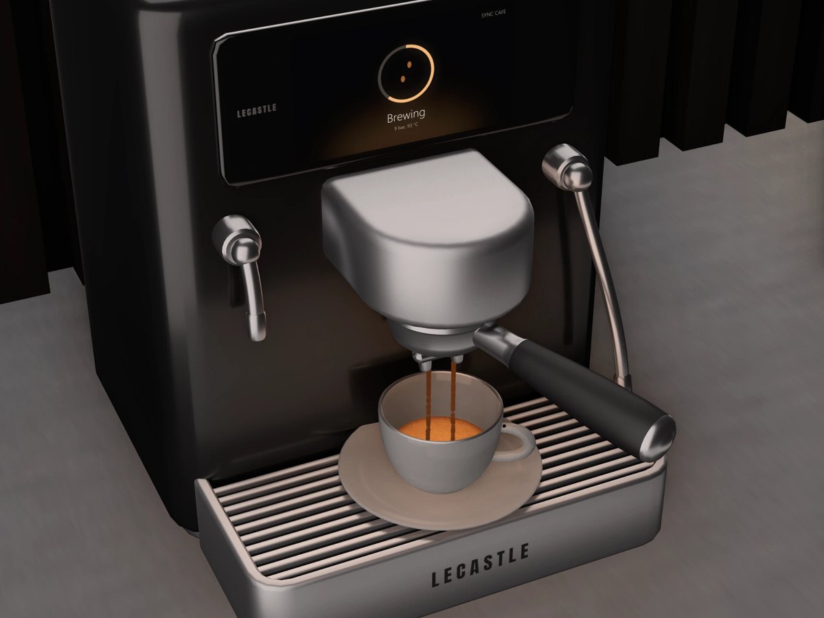 Two coffee streams pouring into a cup, the screen saying Brewing