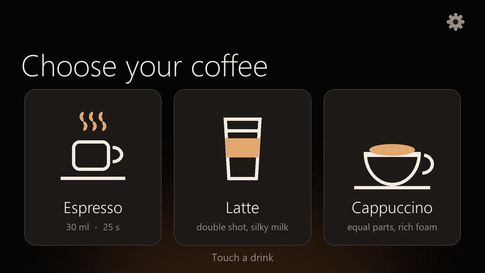 The Sync Cafe's screen: Choose your coffee, with Espresso, Latte and Cappuccino