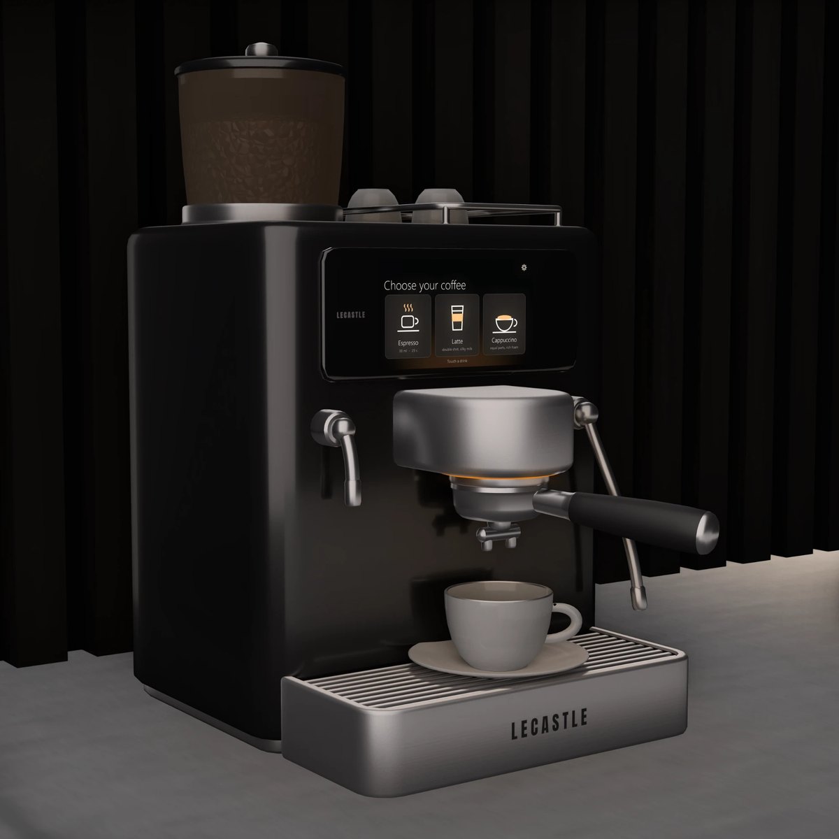 The Sync Cafe in black lacquer on a counter, its screen showing the coffee menu, a cup on the drip tray