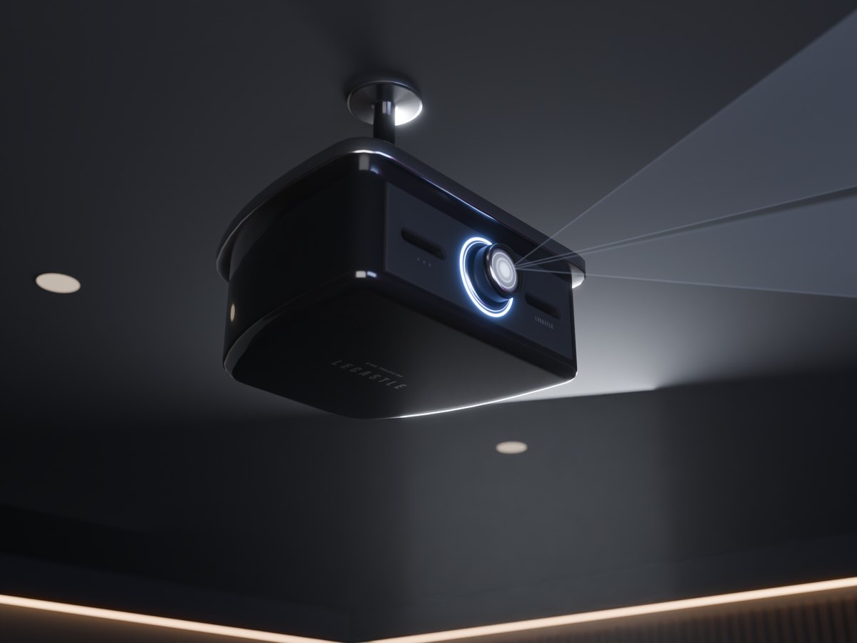 The ceiling projector on its pole, its lens ring glowing
