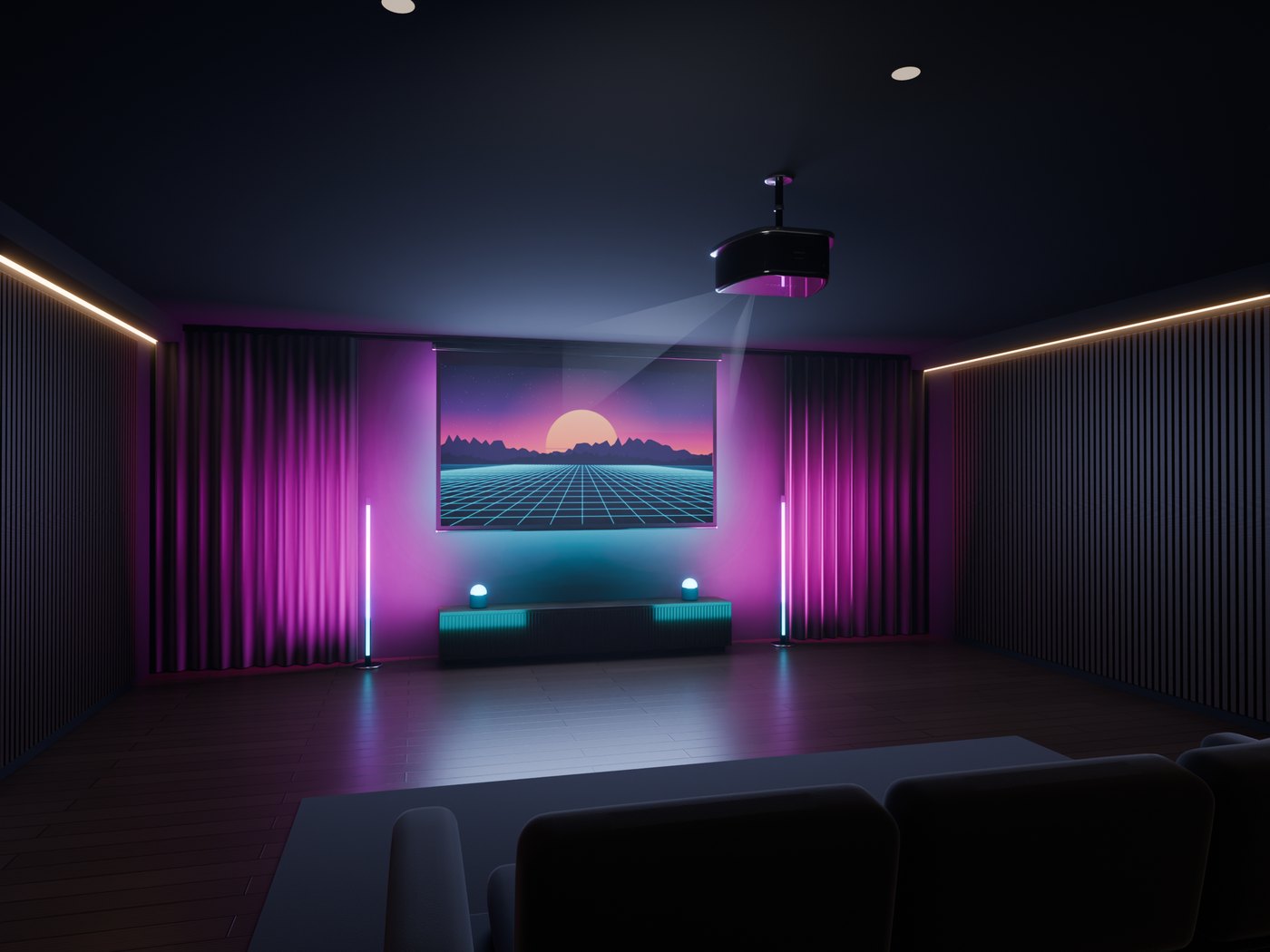 A dark room with the Sync Screen down on the wall, the ceiling projector and its beam, a neon floor lamp on each side