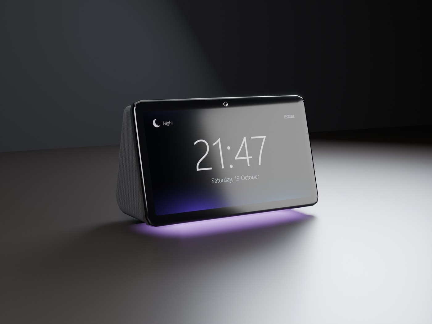 The Sync Clock on a dark table showing 21:47, a violet light under its screen