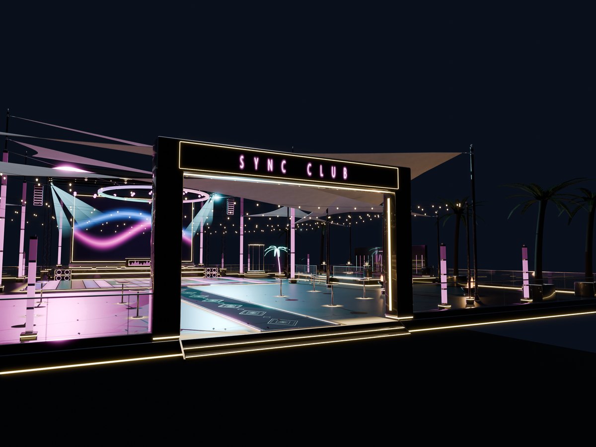 The entrance arch with SYNC CLUB in light on its top