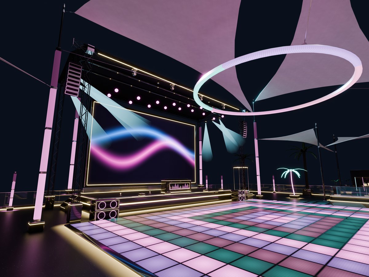 The stage, the LED masts, the hanging ring and the dance floor all lit in one colour