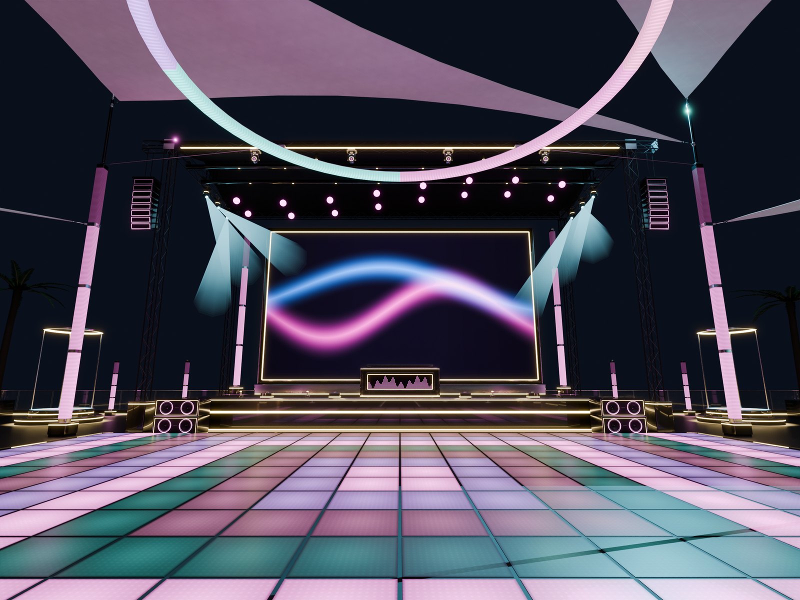 The club's stage at night: the LED wall with a violet and pink wave, the LED dance floor in pink and green, moving heads and a hanging LED ring