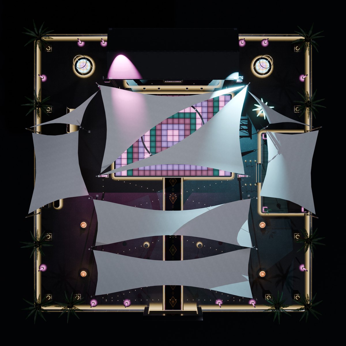 The whole club seen from above: the stage at the top, the dance floor, the shade sails, the bar and the VIP