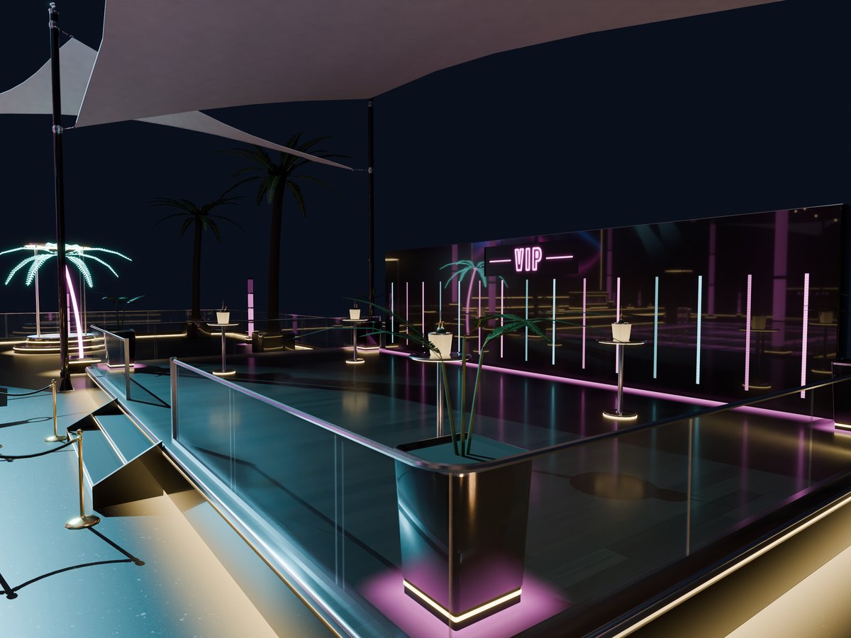 The VIP platform with its glass railing, lit planters and the neon VIP sign