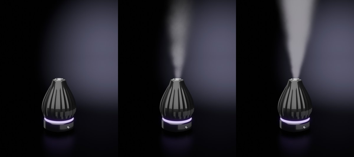 The diffuser three times: no mist, a soft mist and a strong mist