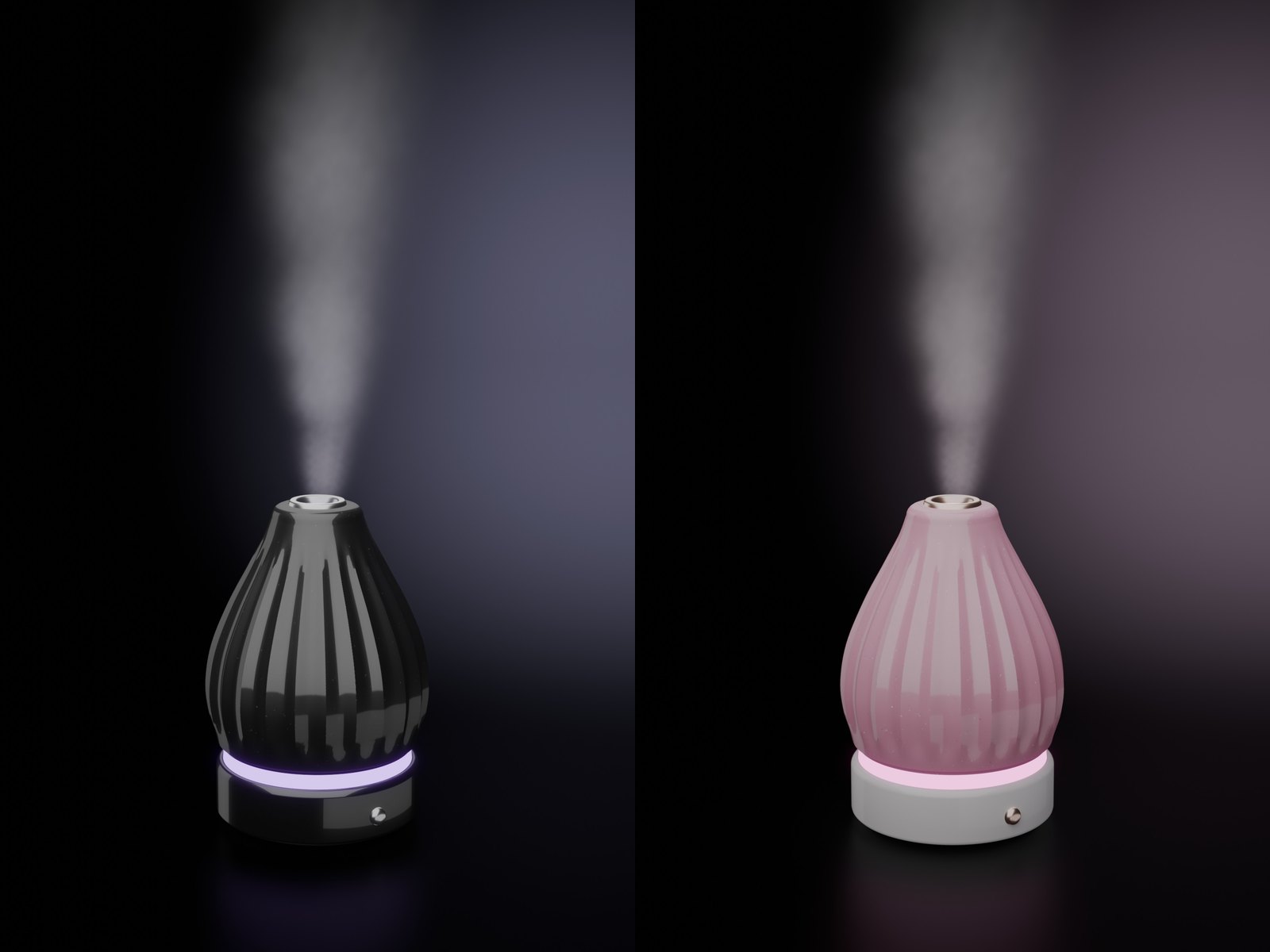 The black diffuser and the pink diffuser side by side, mist rising from both