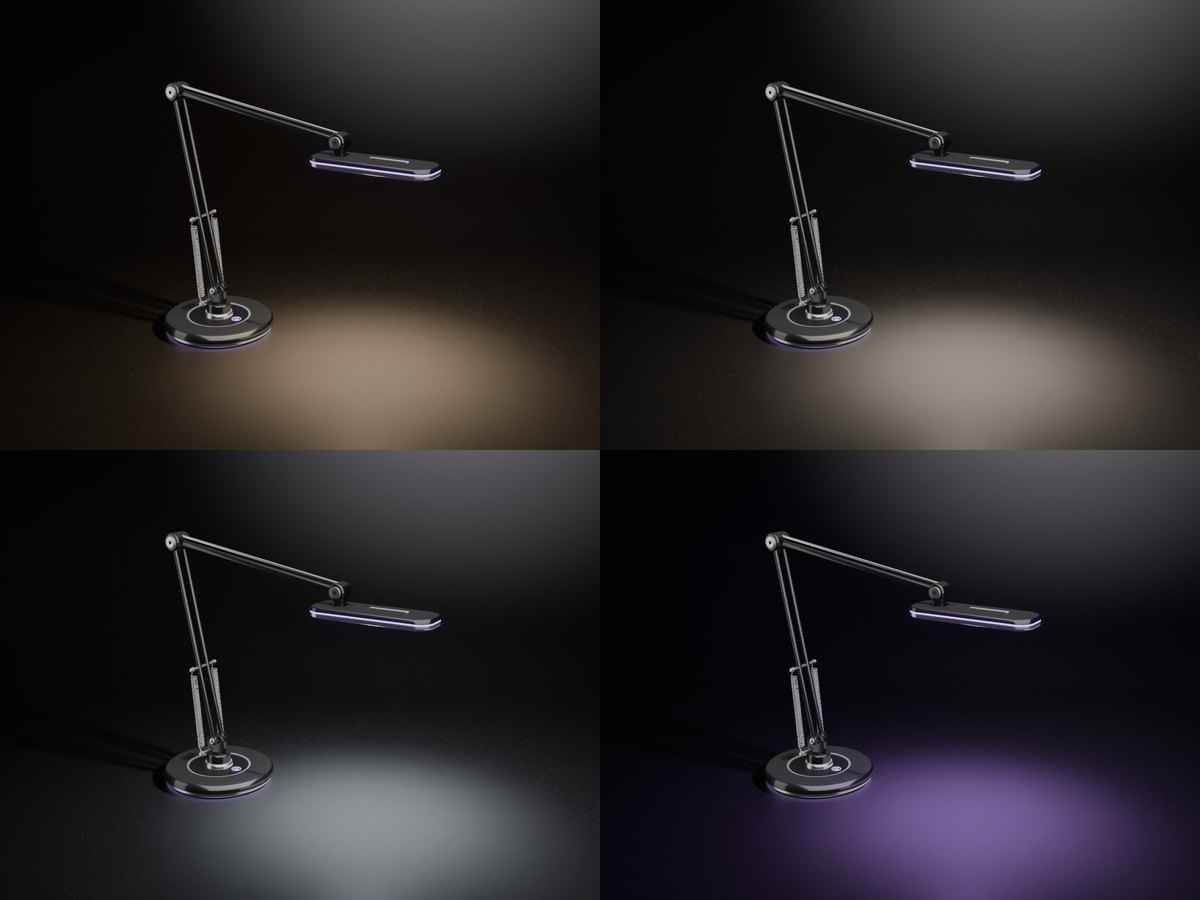 The same lamp four times: warm, neutral, cool and violet light