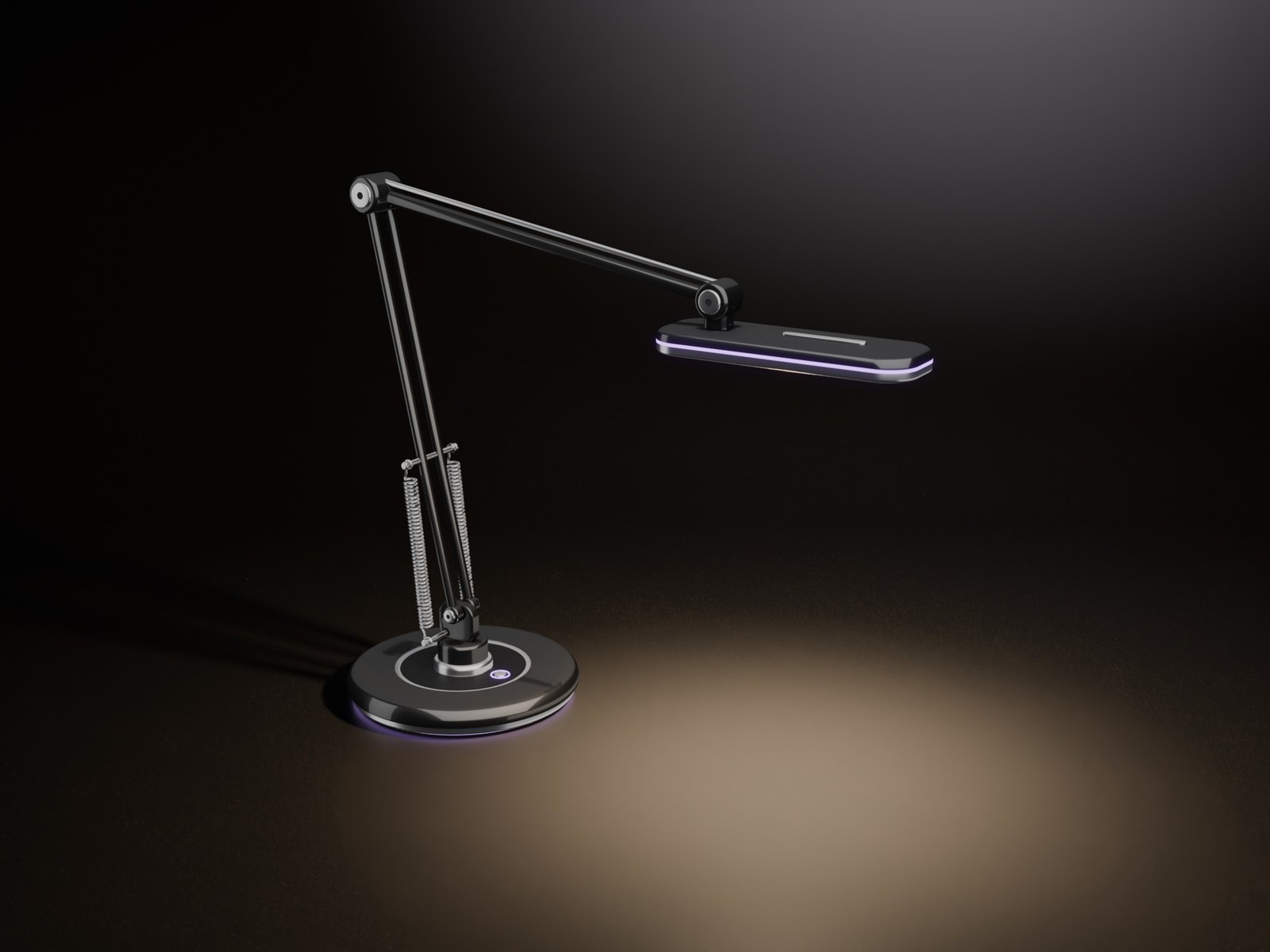 The black desk lamp lighting a warm pool on the desk