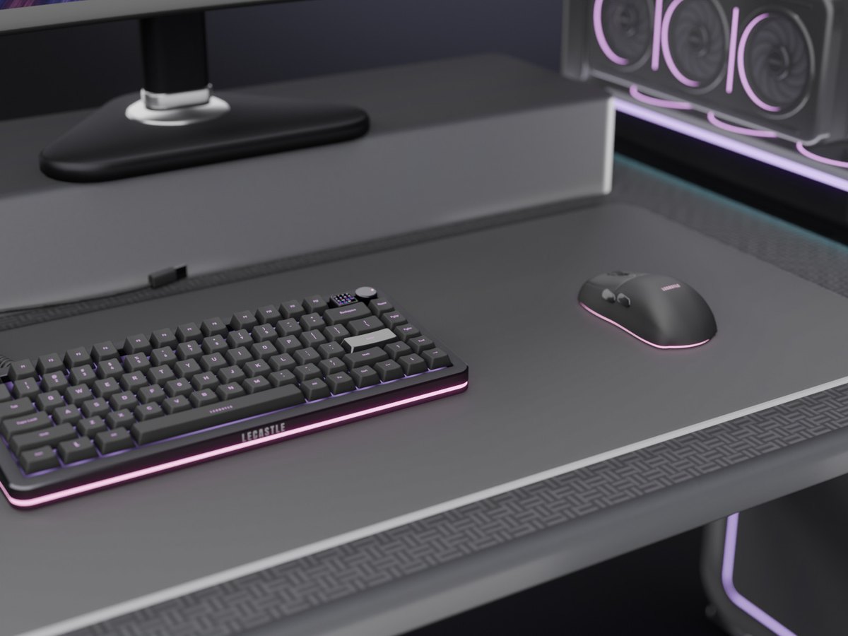 The keyboard with its lit keys and the mouse on the desk mat
