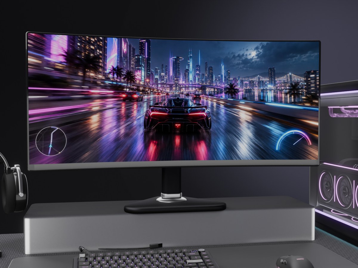 The 34-inch curved monitor with a night racing game on its screen