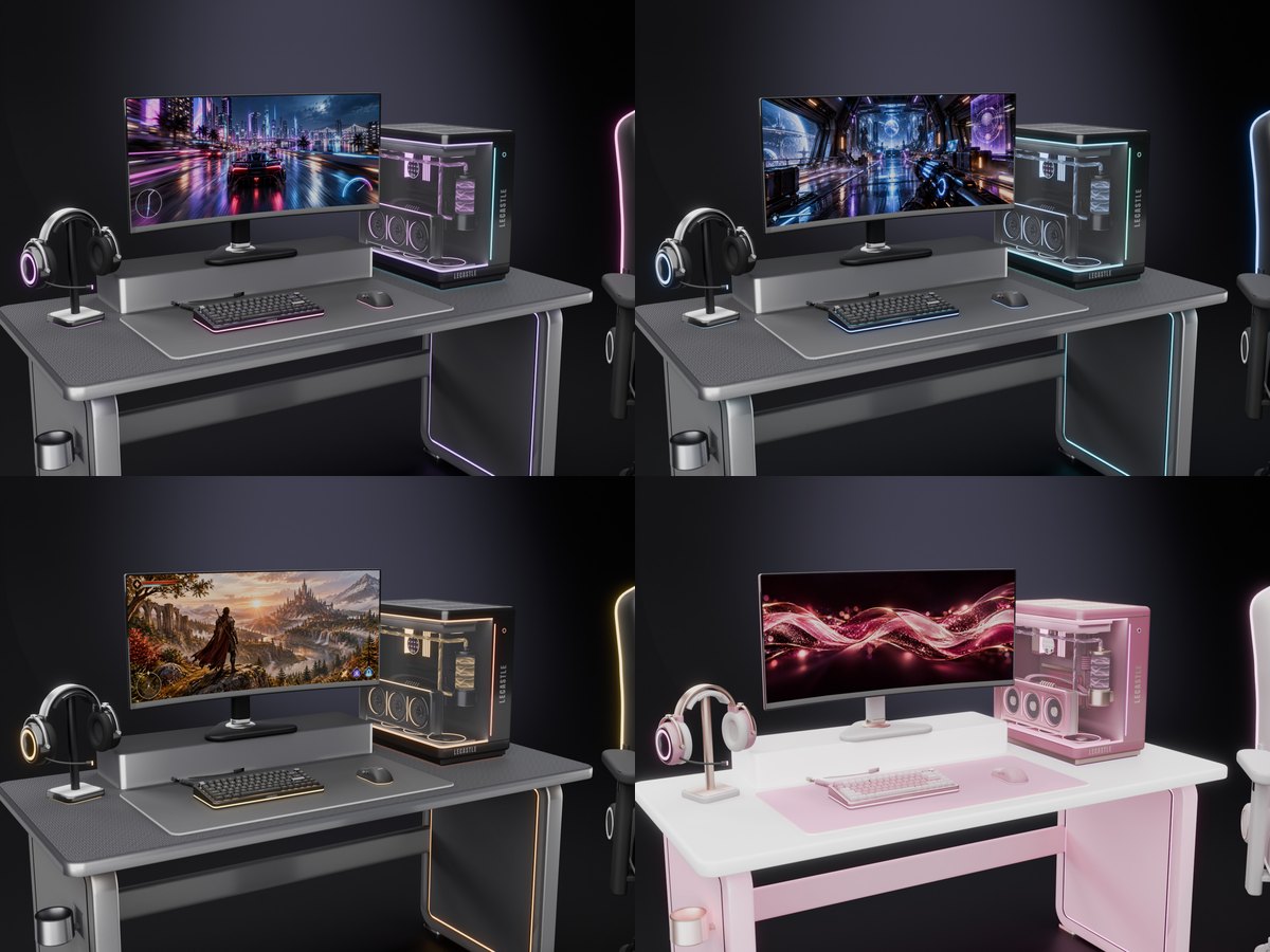 The same desk four times, its lights in violet, cyan, amber and pink with four different pictures on the monitor