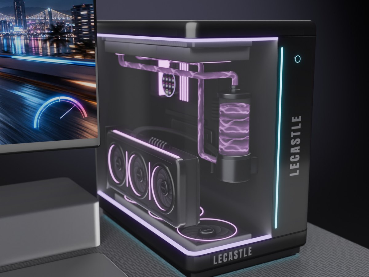 The PC's glass corner with three lit fans and the liquid loop
