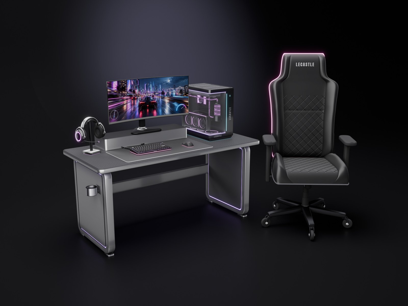 The whole black gaming set: the desk with the curved monitor, the PC, the keyboard, the mouse and the headset, and the chair beside it, all lit in violet and pink