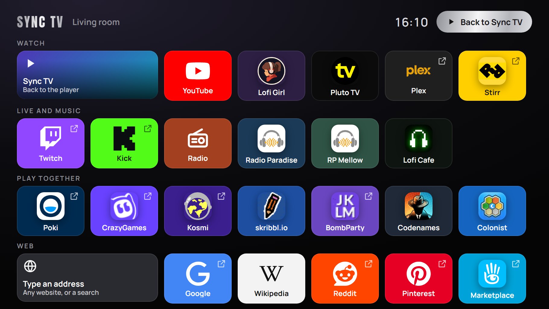 The TV's home screen: rows of tiles with the logos of free TV, live channels, radio, games and websites