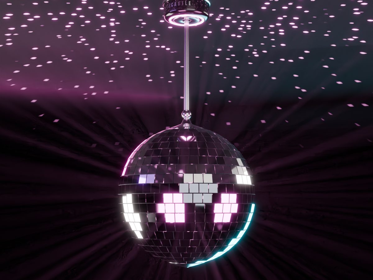 The mirror ball hanging from its motor, pink dots all over the ceiling