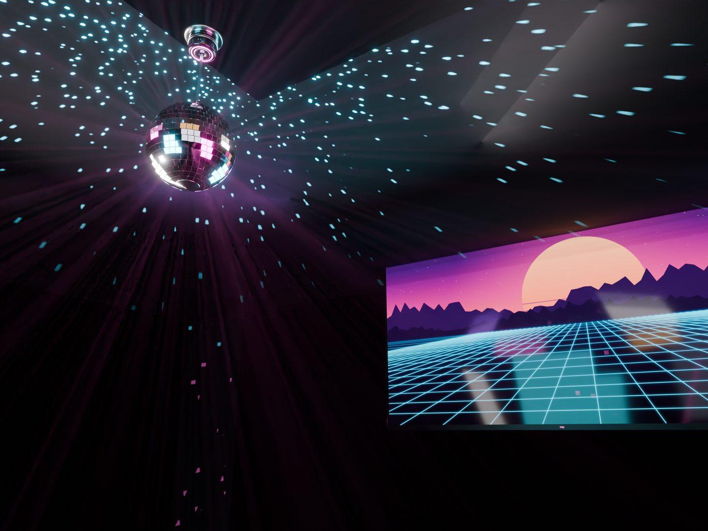 A Sync TV with a neon sunset on it and the mirror ball over the room, throwing pink and cyan dots on the ceiling and the walls