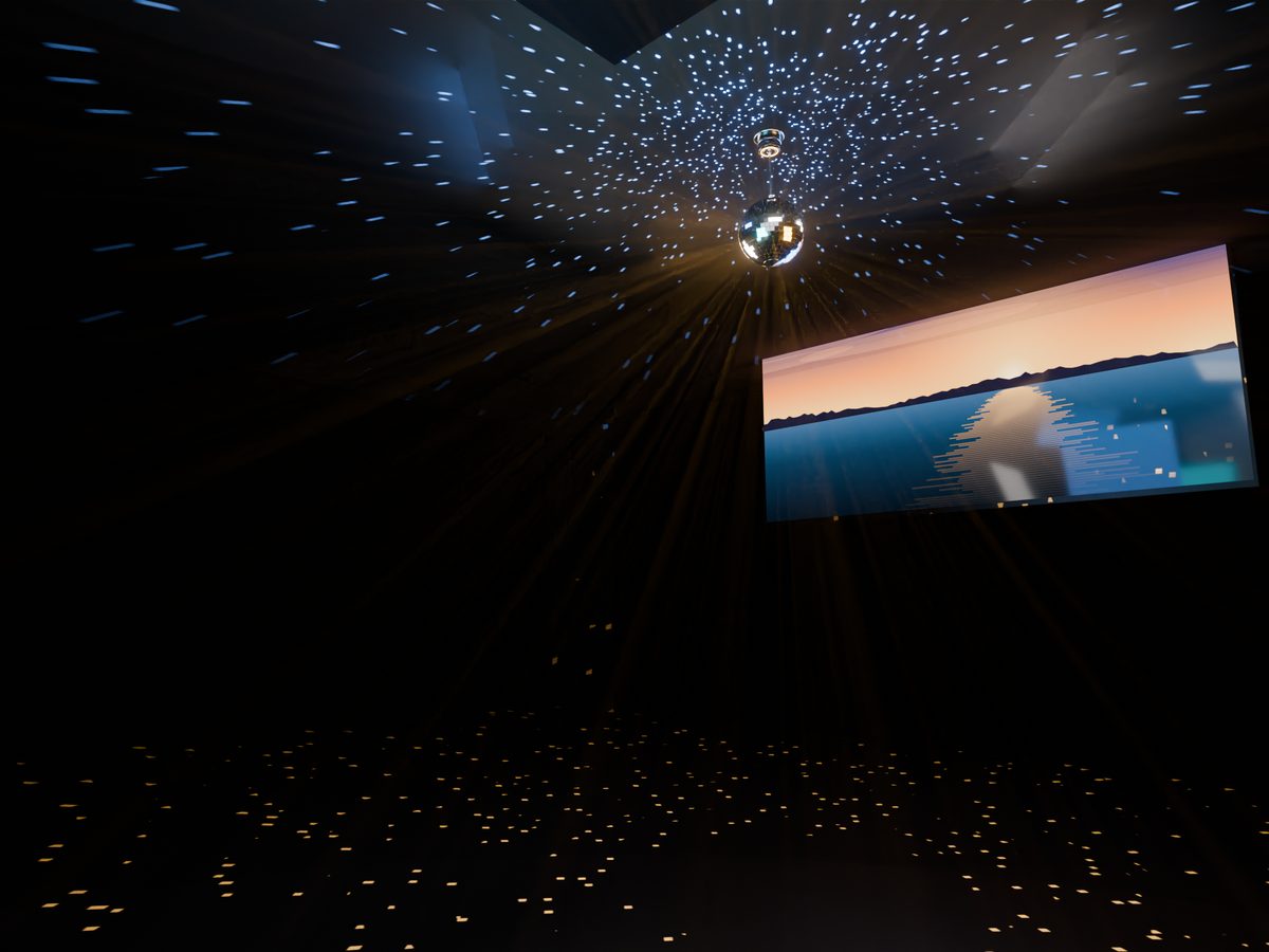A dark room, blue dots on the ceiling and gold dots on the floor