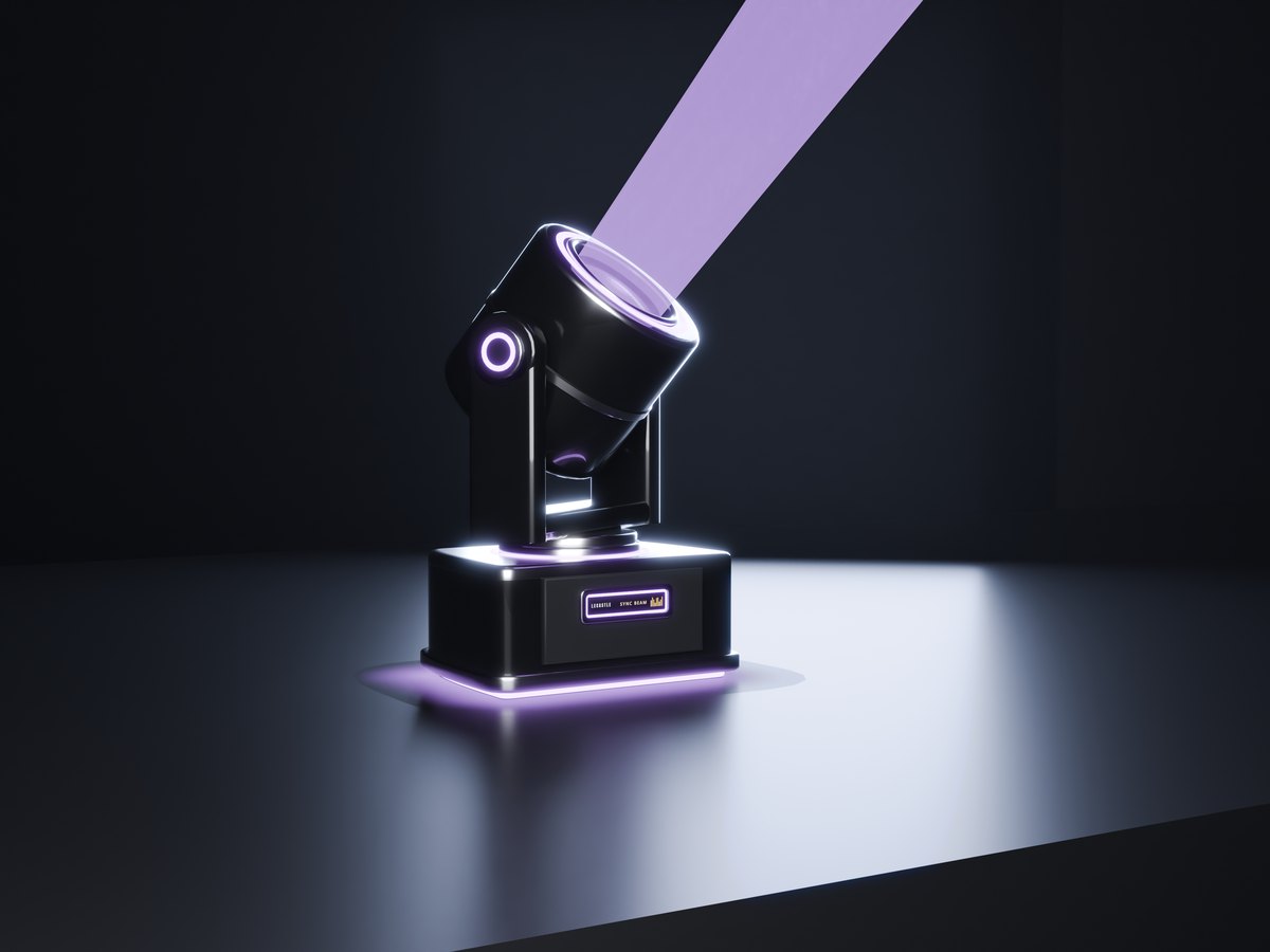 The Sync Beam moving head, its violet beam going up