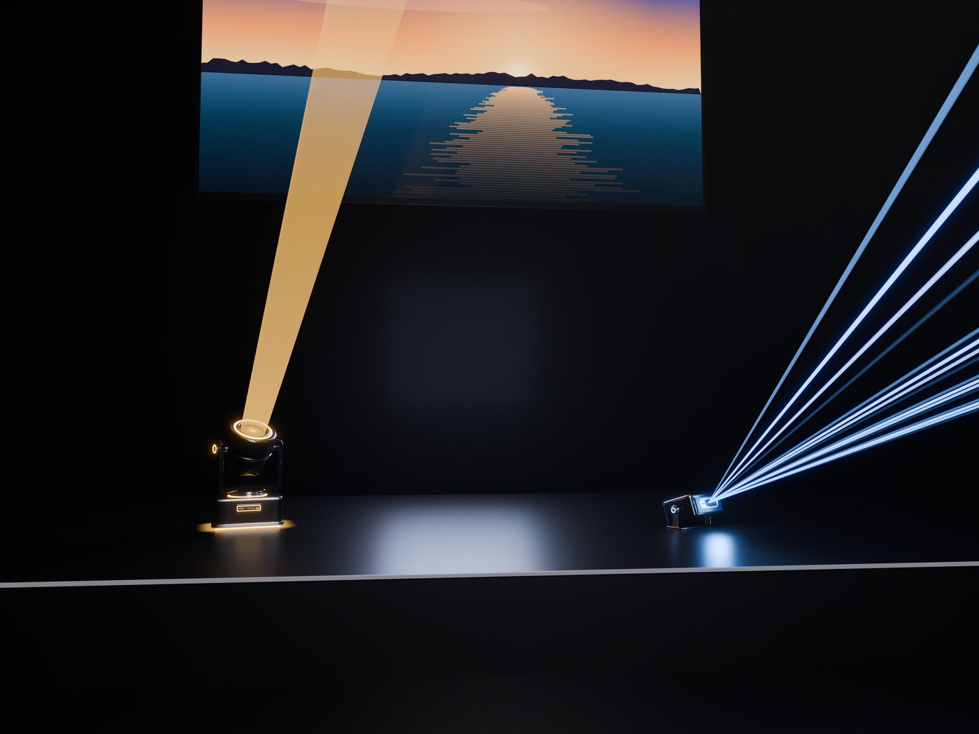A dark stage under a Sync TV with a sunset on it: the Sync Beam's amber beam on the left, the Sync Laser's blue beams on the right