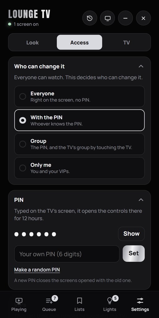 The Access settings on the remote