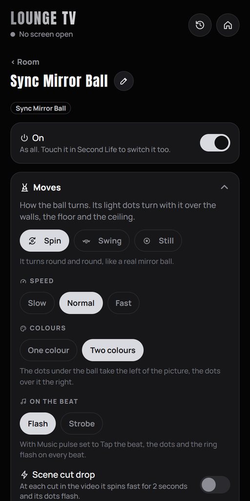 The Sync Mirror Ball open on the remote: Moves, Speed, Colours and On the beat