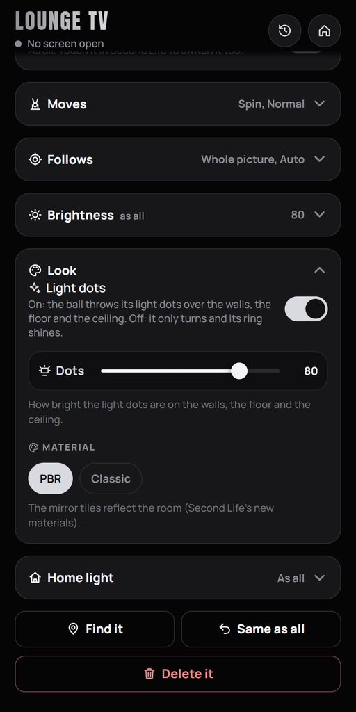 The Sync Mirror Ball's Look box on the remote: Light dots, Dots and Material
