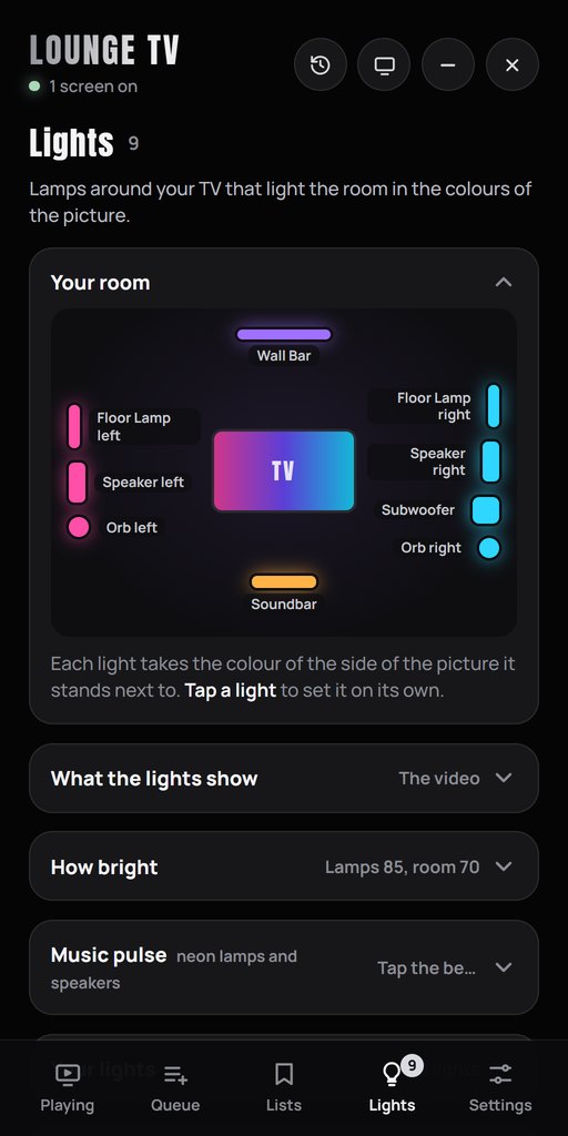 The Room tab: the room map with every device by its side of the TV