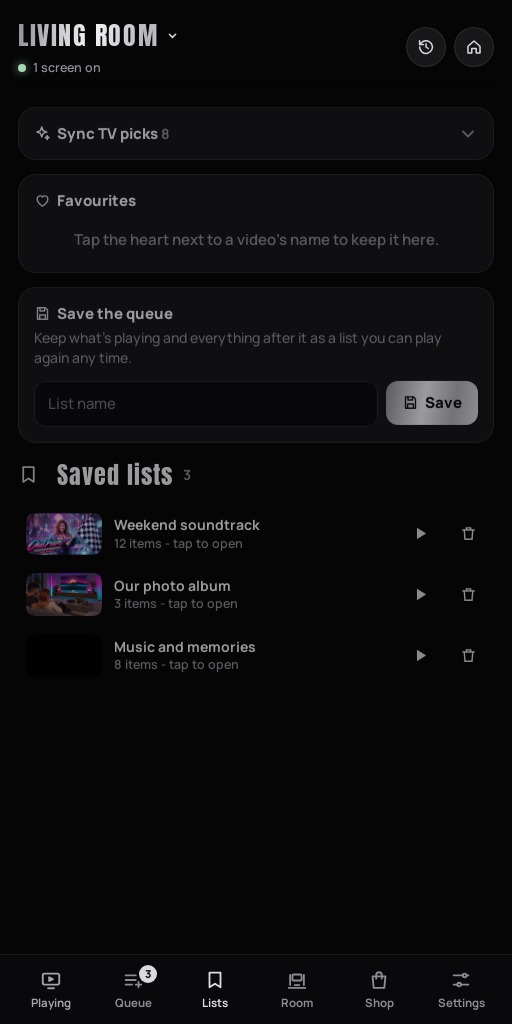 The Sync TV picks on the Lists tab