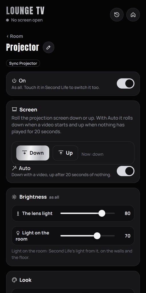The projector open on the remote: Screen with Down, Up and Auto, and the lens light