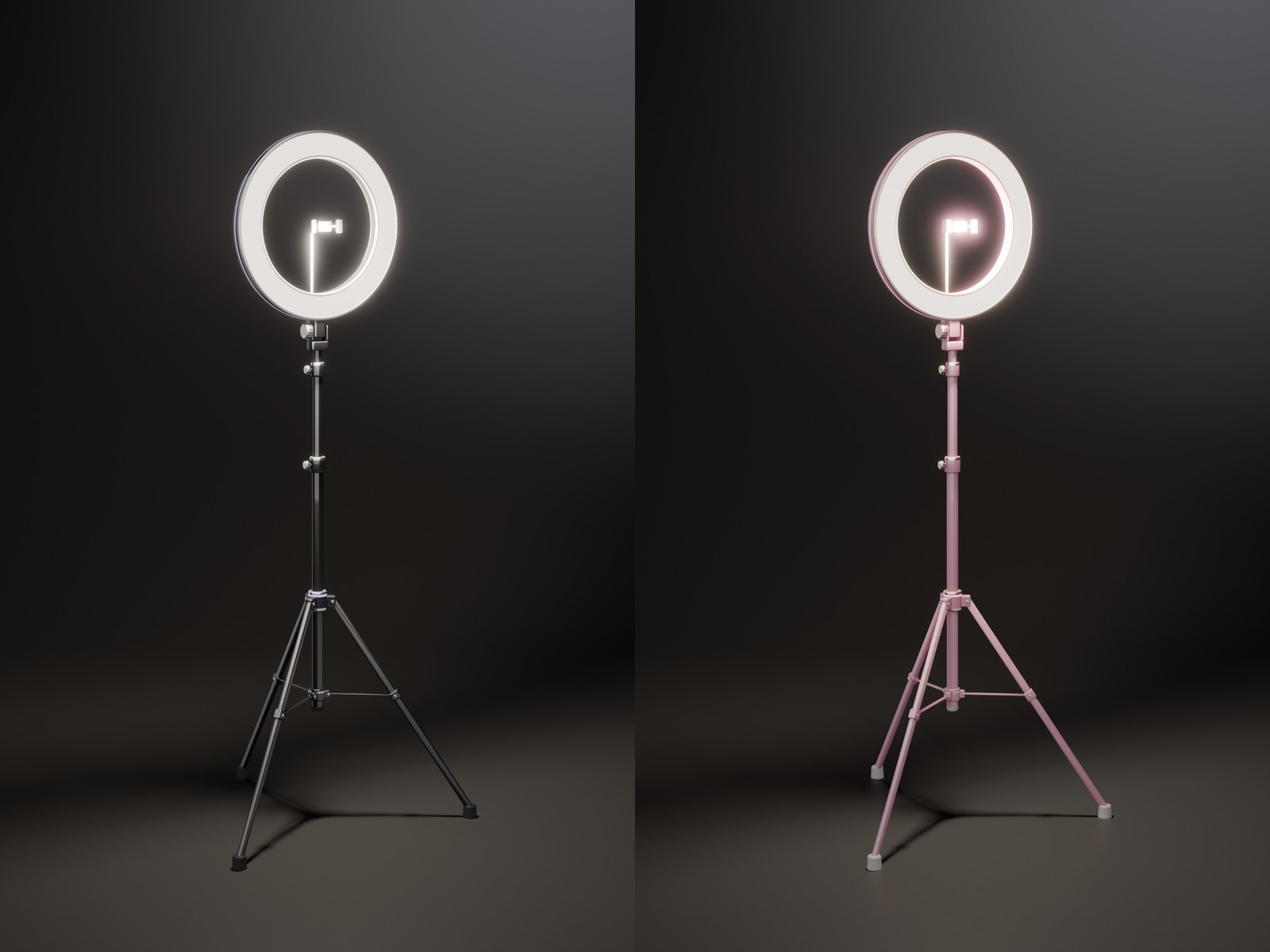 The black ring light and the pink ring light side by side, both lit