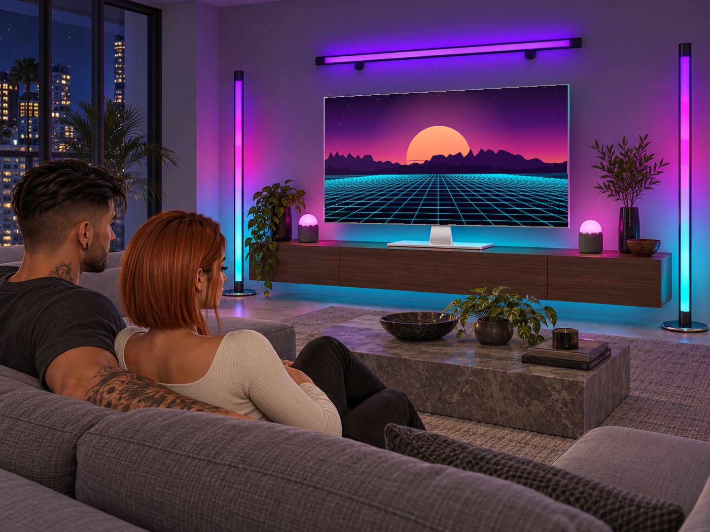 A living room with LECASTLE Sync TV: the picture's colours on the wall, the floor lamps, the wall bar and the orb lights