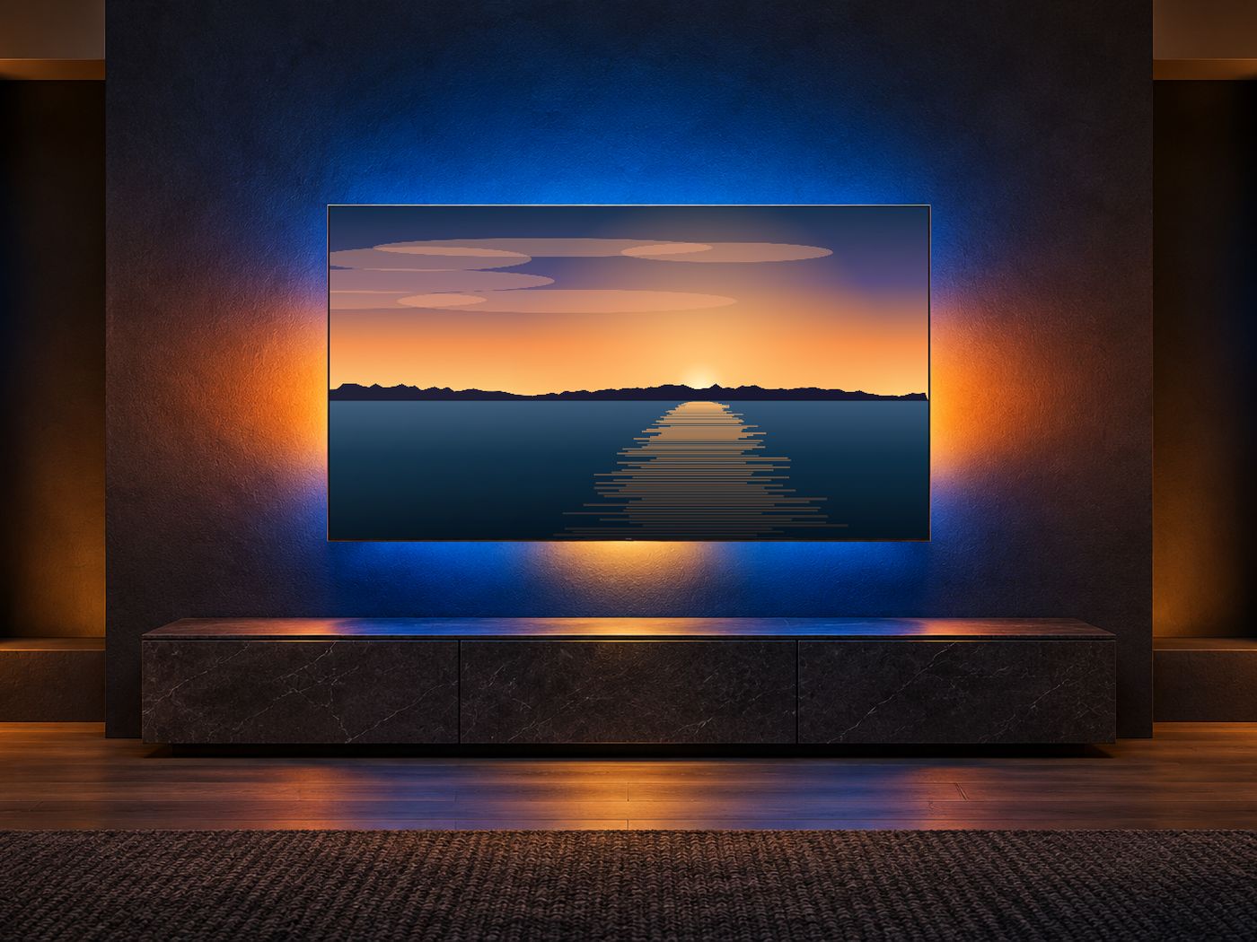 A Sync TV on the wall: the colours of the sunset on the screen glow on the wall around it