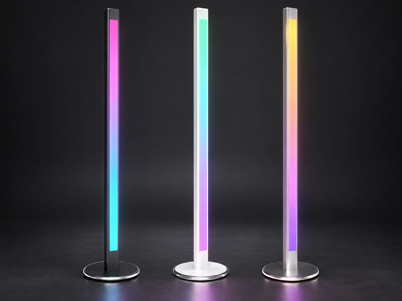 Three Sync Neon floor lamps: Noir, White and Aluminium