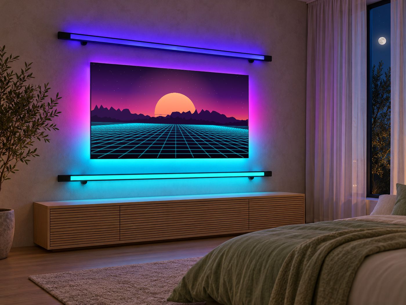 Two Sync Neon wall bars above and below a TV in a bedroom