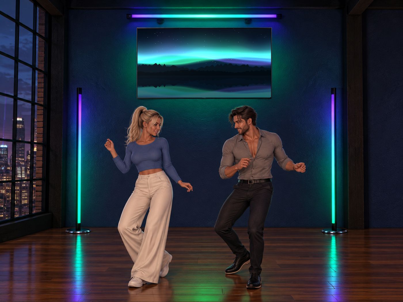 Two people dancing between two neon floor lamps under a wall bar