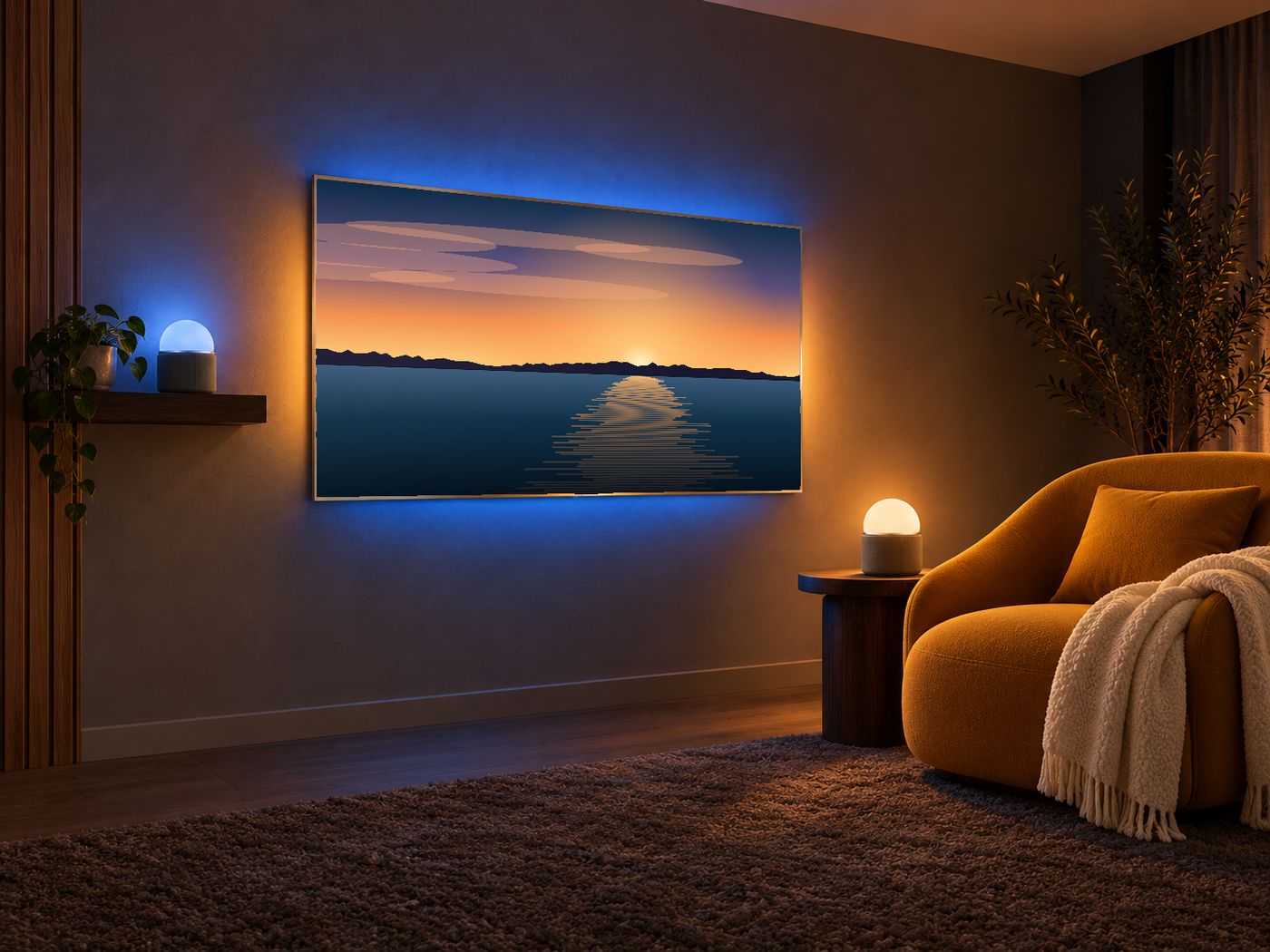 Sync Orb Lights by a TV and an armchair