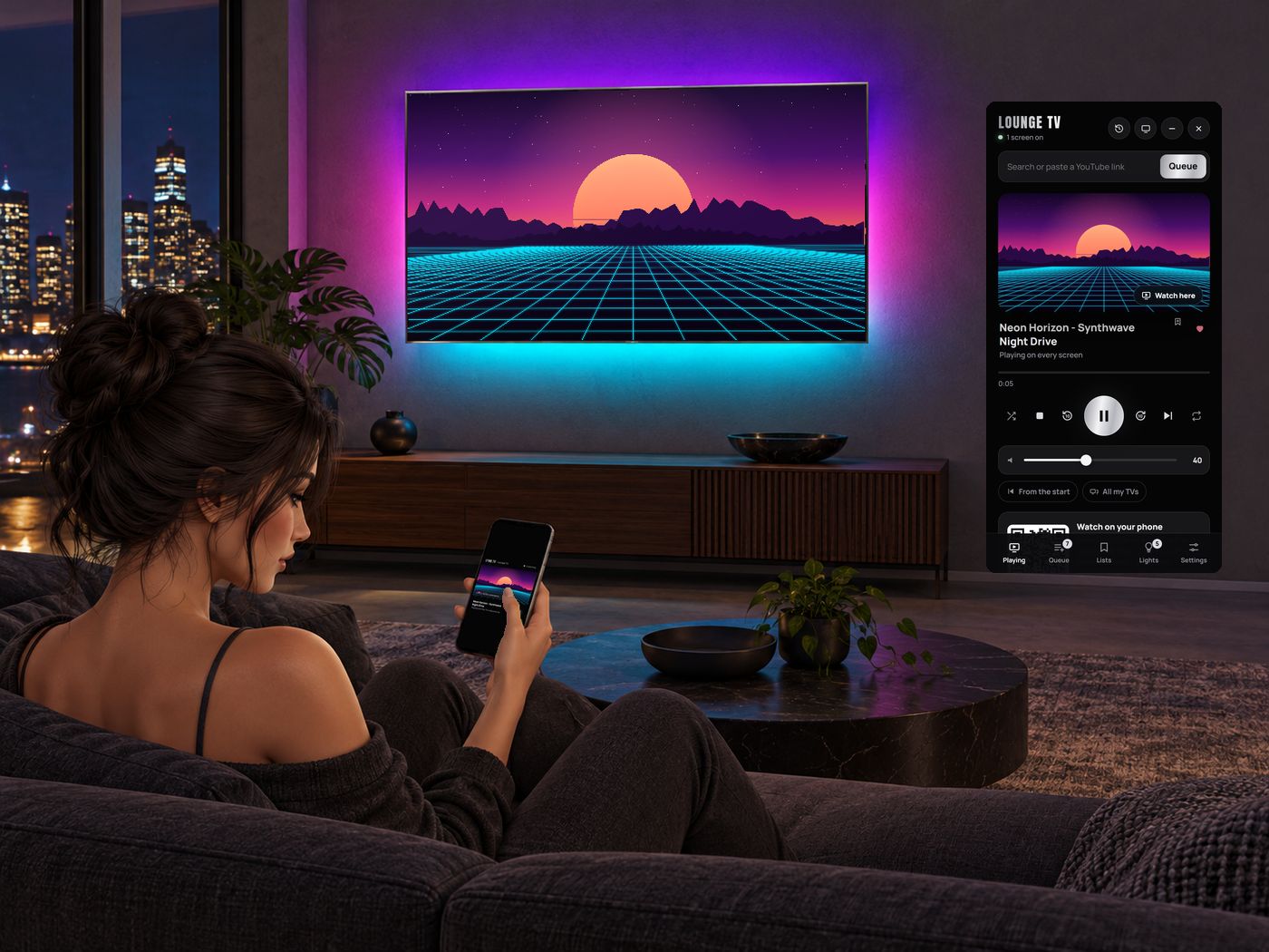 A woman on a sofa with the remote on her phone