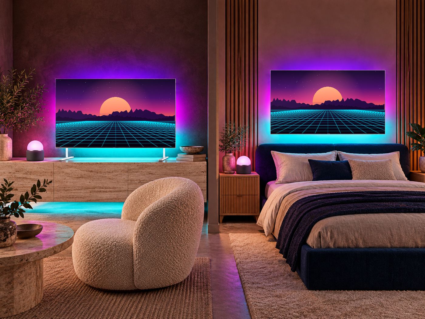 Two rooms, two Sync TVs showing the same picture