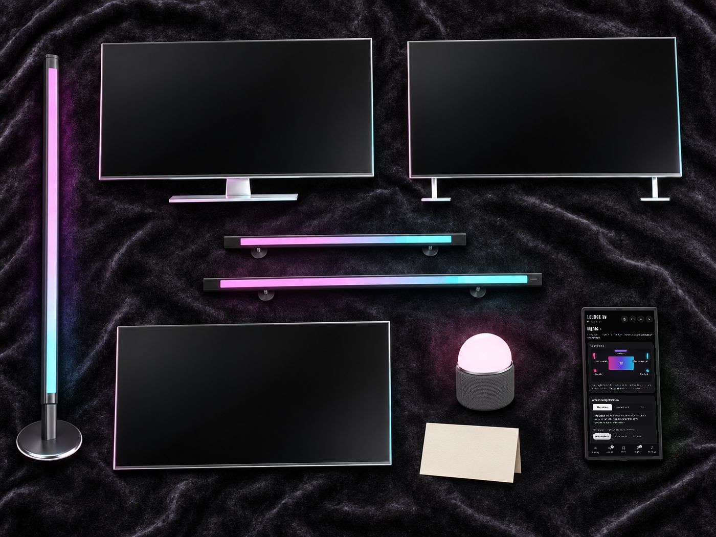Everything in the Sync TV box: three TVs, the wall bars, a floor lamp, an orb light and the remote