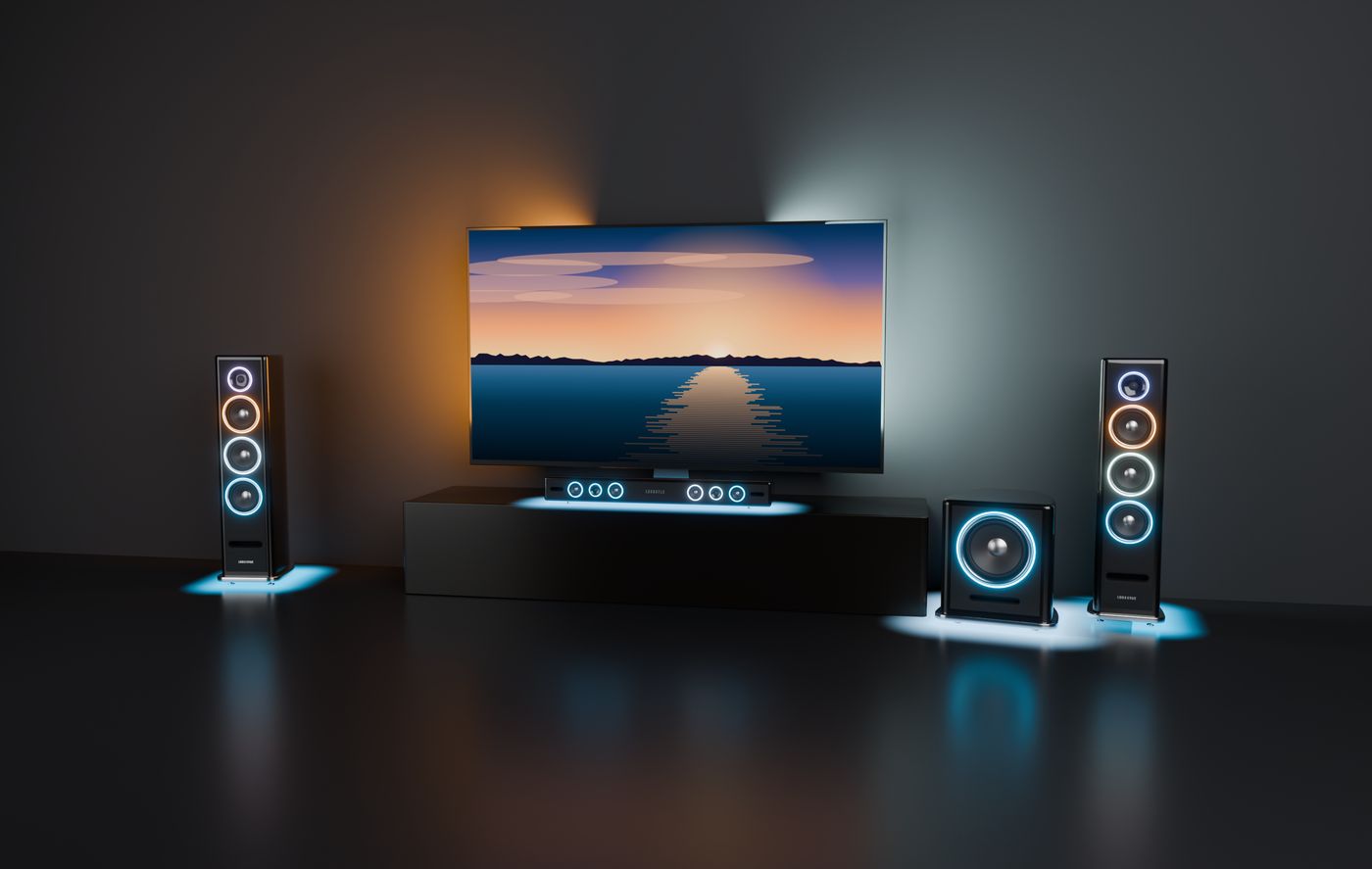 A Sync TV on its stand with the Sync Soundbar, a Sync Subwoofer and a Sync Speaker on each side