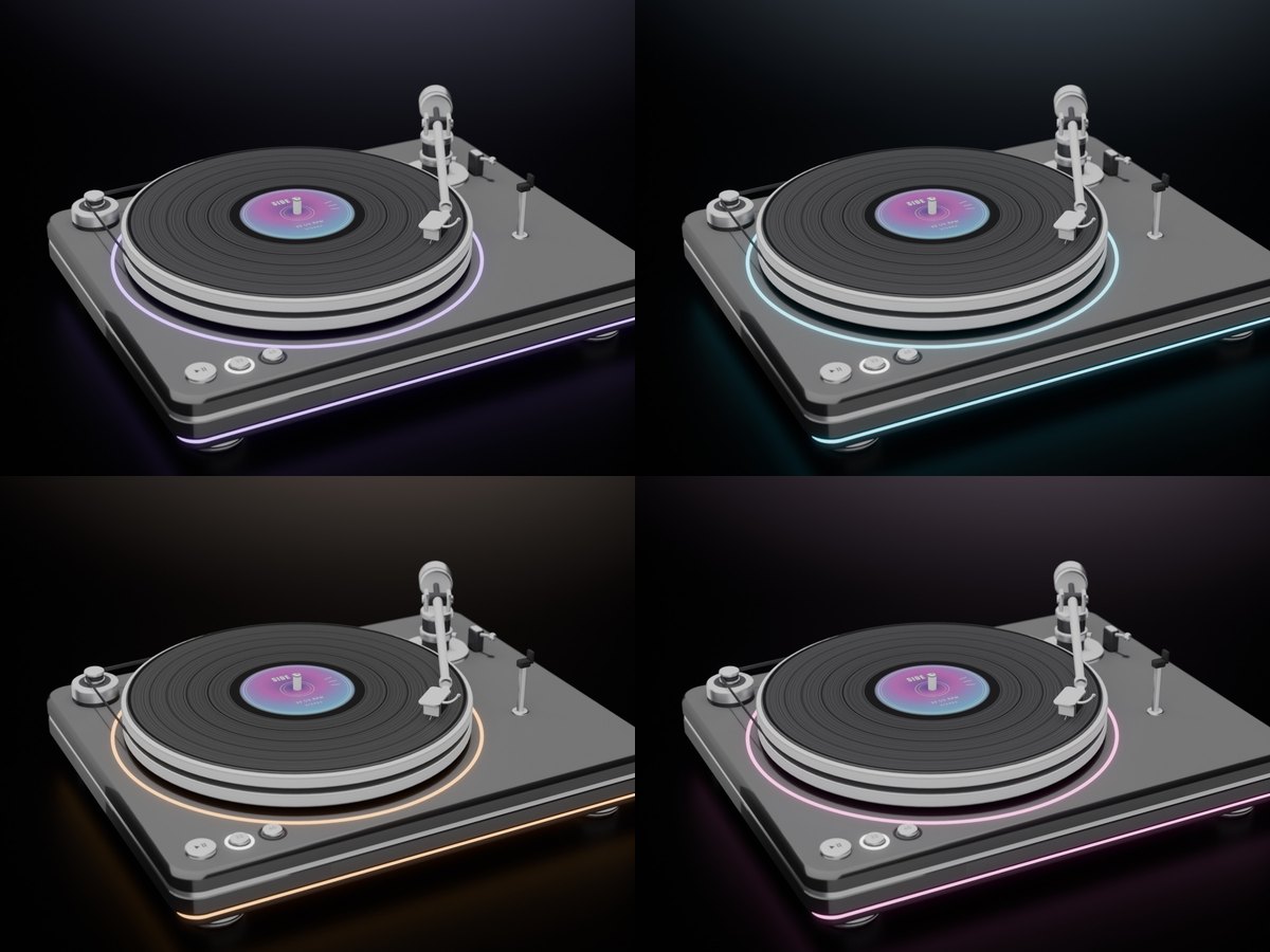 The same turntable four times, its lights in violet, cyan, amber and pink