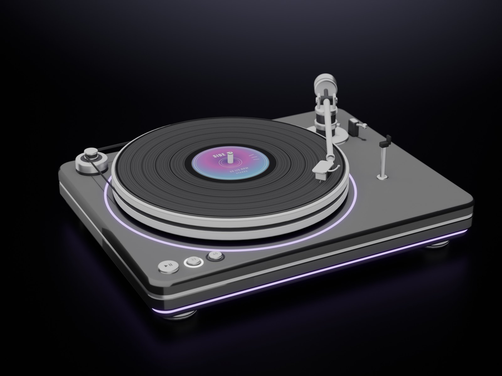 The black turntable with its tonearm on the record and a violet light ring round the platter